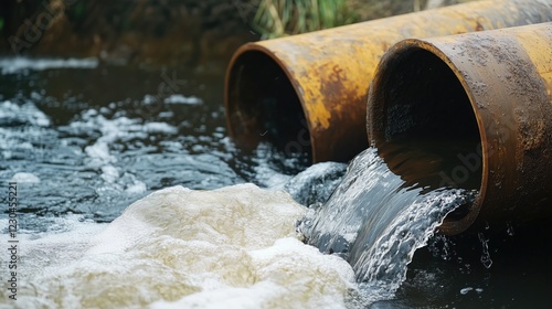 Industrial pipes discharge polluted water into a body of water, illustrating environmental pollution. photo