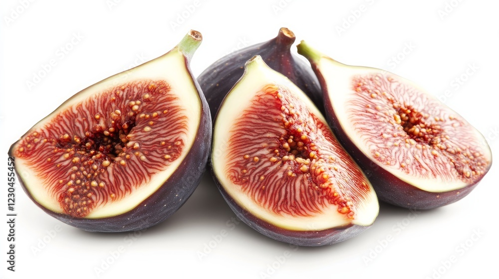 Freshly sliced figs elegantly displayed on a stark white background, emphasizing their natural beauty and texture Freshly sliced figs elegantly displayed on a stark white background, emphasizing their natural beauty and texture
