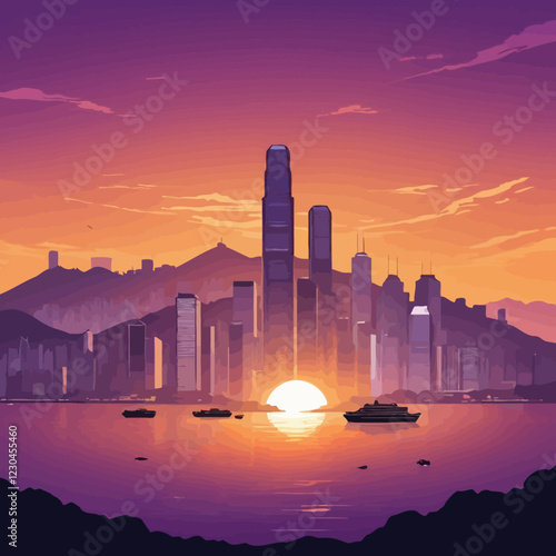 This stunning illustration captures the stunning skyline of Hong Kong at sunset. The sun sets below the horizon and casts a warm hue of orange and purple on the city's tall skyscrapers. vector.