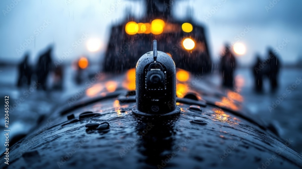 Obraz premium A close-up view of a rain-soaked submarine in a harbor, highlighting the intricate details of its design while capturing the mood of a stormy night in the marine atmosphere.
