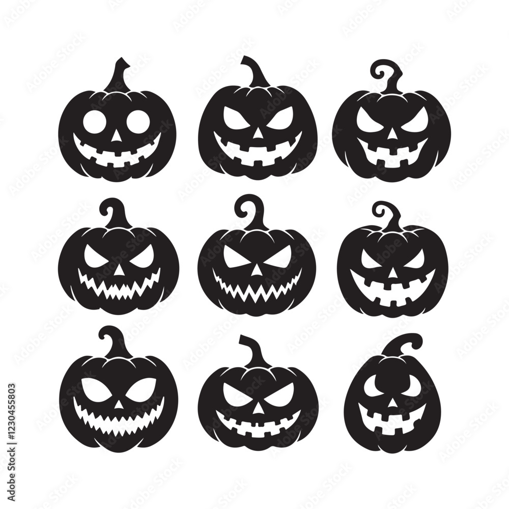 Halloween pumpkins, jack-o'-lantern silhouettes, spooky faces, black and white illustration Halloween pumpkins, jack-o'-lantern silhouettes, spooky faces, black and white illustration