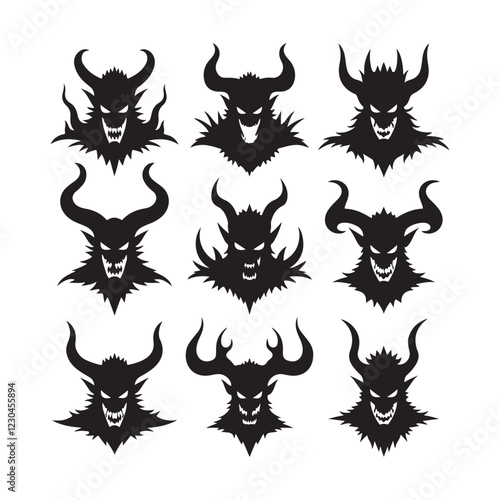 Dark demonic faces, horned creatures, black silhouettes, evil expressions 