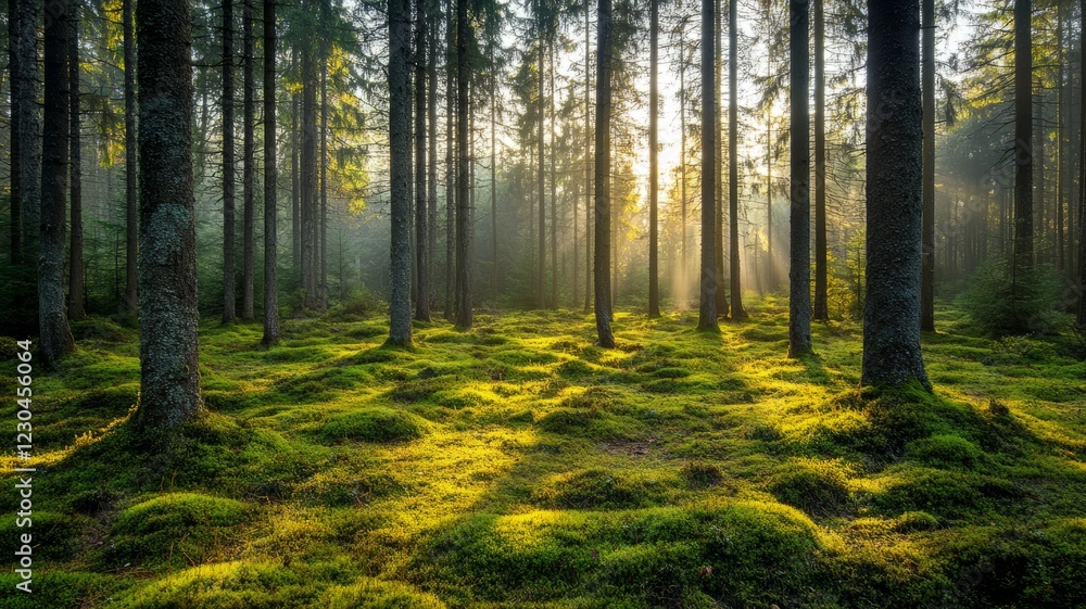 Fototapeta premium Sunbeams illuminate a lush, mossy forest floor, creating a magical atmosphere among tall trees.