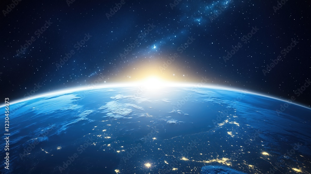 Stunning View of Earth from Space During Sunrise with City Lights Stunning View of Earth from Space During Sunrise with City Lights