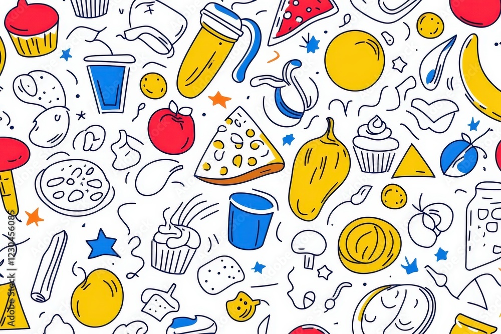Seamless hand-drawn pattern featuring whimsical food icons on white background Seamless hand-drawn pattern featuring whimsical food icons on white background