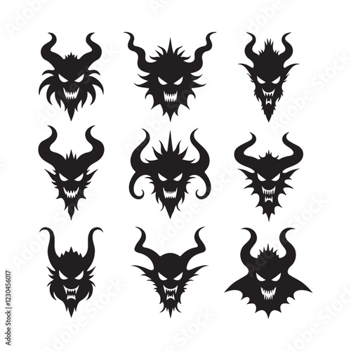 Dark demonic faces, horned creatures, black silhouettes, evil expressions 