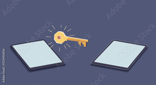Illustration depicting secure data transfer between two tablets using an encryption key symbol on a blue background.