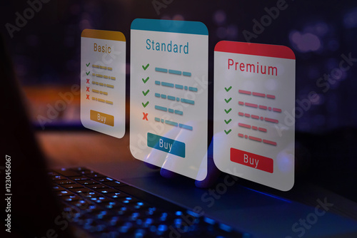 Photos subscription plan options for online service, choosing online education course,