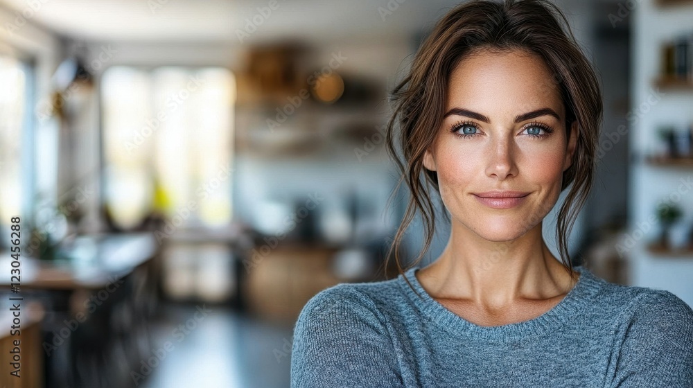 A young woman with long hair and bright blue eyes smiles warmly in a stylish, well-lit living space. The room features modern decor with wooden accents and plants A young woman with long hair and bright blue eyes smiles warmly in a stylish, well-lit living space. The room features modern decor with wooden accents and plants