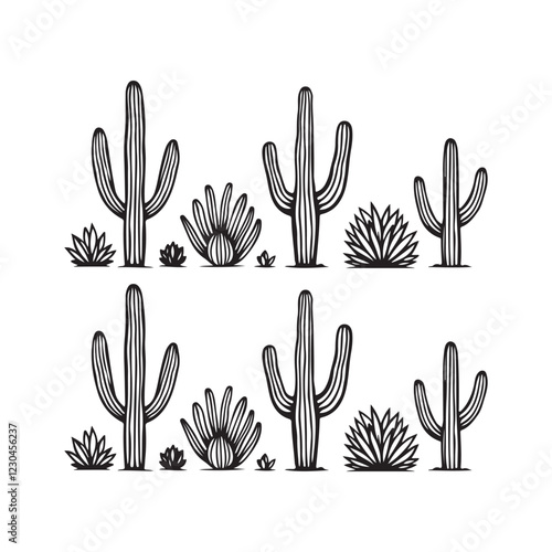 Desert flora, cactus silhouettes, saguaro, agave, prickly pear, minimalist design