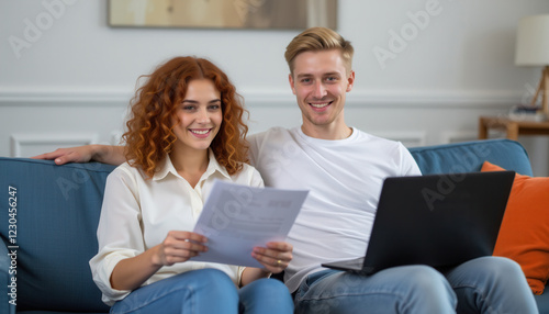 Young Couple Sitting on Blue Couch Reviewing Paper with Laptop in Cozy Living Room