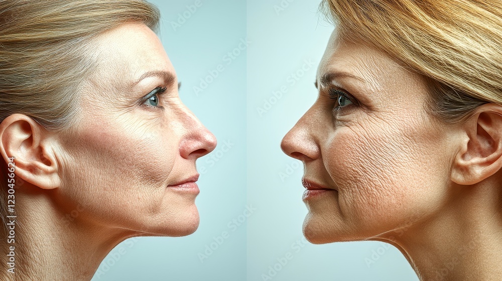 A side-by-side comparison highlights the changes in facial features due to aging. One side depicts a youthful appearance, while the other shows more pronounced wrinkles A side-by-side comparison highlights the changes in facial features due to aging. One side depicts a youthful appearance, while the other shows more pronounced wrinkles