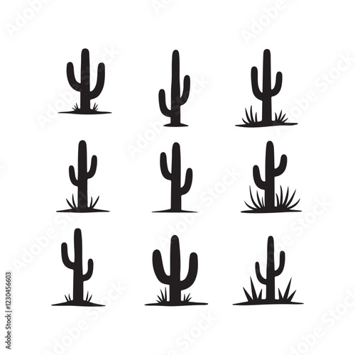 Desert flora, cactus silhouettes, saguaro, agave, prickly pear, minimalist design