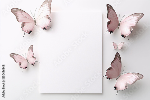 White blank invitation card and pink butterflies on a white background