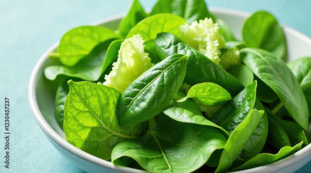 A vibrant bowl of fresh spinach and lettuce leaves, a healthy and delicious salad preparation A vibrant bowl of fresh spinach and lettuce leaves, a healthy and delicious salad preparation