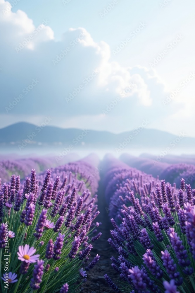 Obraz premium A misty lavender field with a few wildflowers, cloudy sky, soft focus, floral arrangement