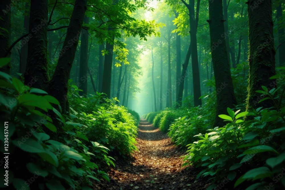 Obraz premium A narrow path disappears into the dense undergrowth of the jungle, forest, canopy