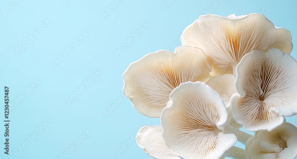 Delicate white mushrooms against a soft blue background showcasing natural beauty and elegance in nature Delicate white mushrooms against a soft blue background showcasing natural beauty and elegance in nature