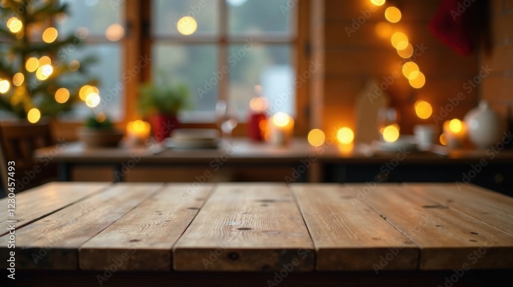 Rustic Wooden Tabletop in Warm Festive Setting with Blurred Background of Holiday Decorations and Glowing Lights Rustic Wooden Tabletop in Warm Festive Setting with Blurred Background of Holiday Decorations and Glowing Lights