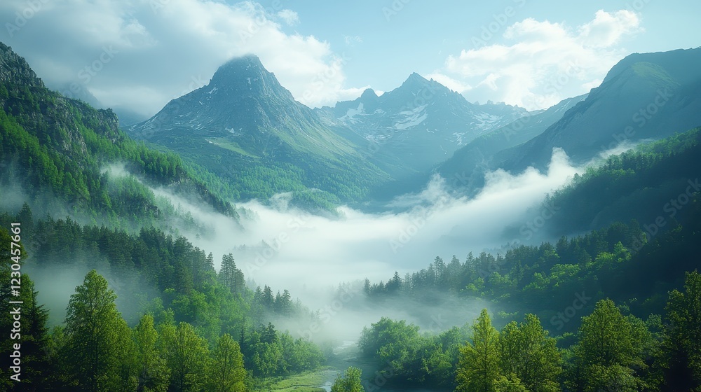 Fototapeta premium A misty mountain range in the early morning light.