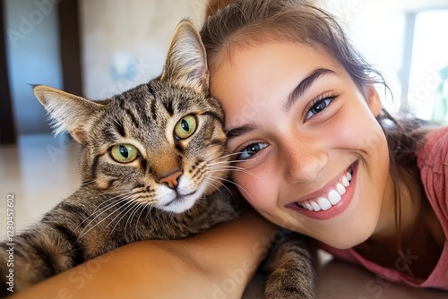Teen girl taking a selfie with her tabby cat at home