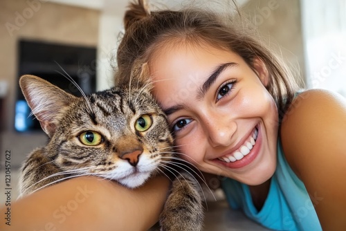 Smiling girl taking selfie with her tabby cat at home