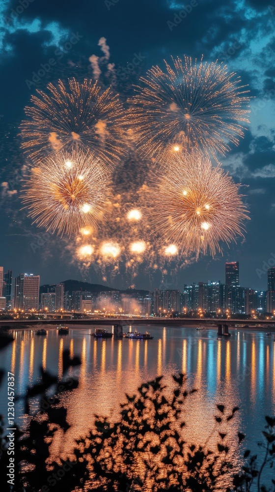 Fireworks along the Han River in International Fireworks Festival at Yeouido, Seoul, South Korea. Vertical. High quality photo