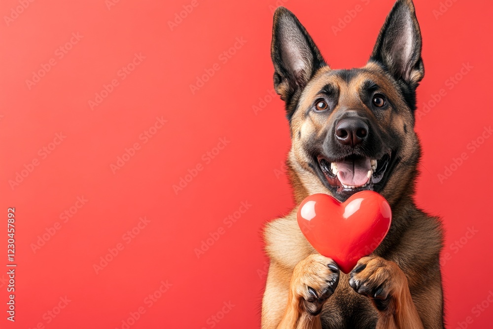 Obraz premium Cute belgian malinois hound with companion toy red heart - emblem of love, funny greeting card. Belgian malinois - my desired dog. Marketing concept art idea. Puppy valentine's moments.