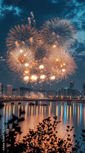 Obraz na płótnie Fireworks along the Han River in International Fireworks Festival at Yeouido, Seoul, South Korea. Vertical. High quality photo w salonie