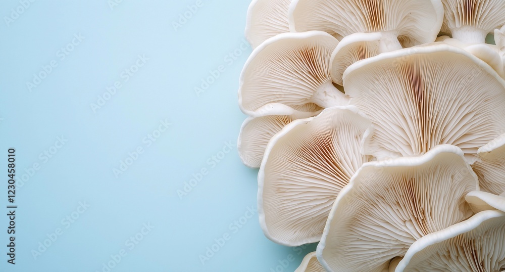 Freshly harvested oyster mushrooms arranged beautifully on a pastel blue surface Freshly harvested oyster mushrooms arranged beautifully on a pastel blue surface