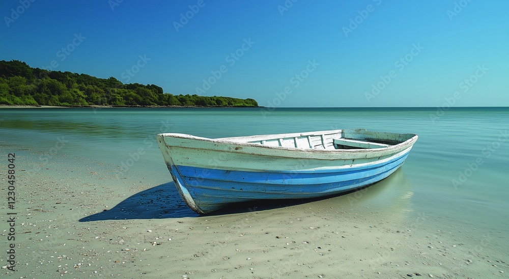 Sunlit wooden boat rests on tranquil beach shore at midday in serene coastal environment Sunlit wooden boat rests on tranquil beach shore at midday in serene coastal environment