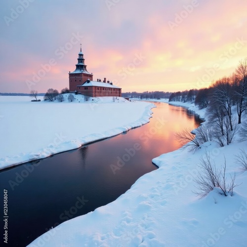 Cold winter landscape with frozen Neva river at Oreshek fortress, snow-covered, fortress, lake ladoga photo