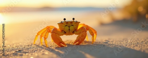 Colorful yellow crab scuttles across sandy dunes at dawn, yellow, texture, warm photo