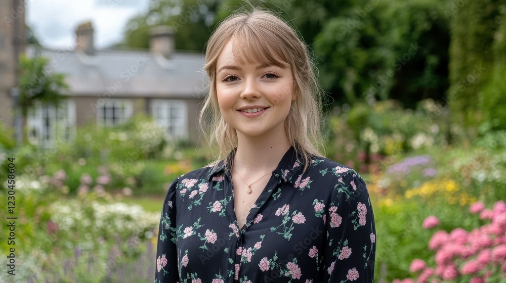A young woman stands in a lush garden filled with vibrant flowers. She wears a floral dress and smiles warmly while enjoying the beautiful surroundings on a sunny day A young woman stands in a lush garden filled with vibrant flowers. She wears a floral dress and smiles warmly while enjoying the beautiful surroundings on a sunny day