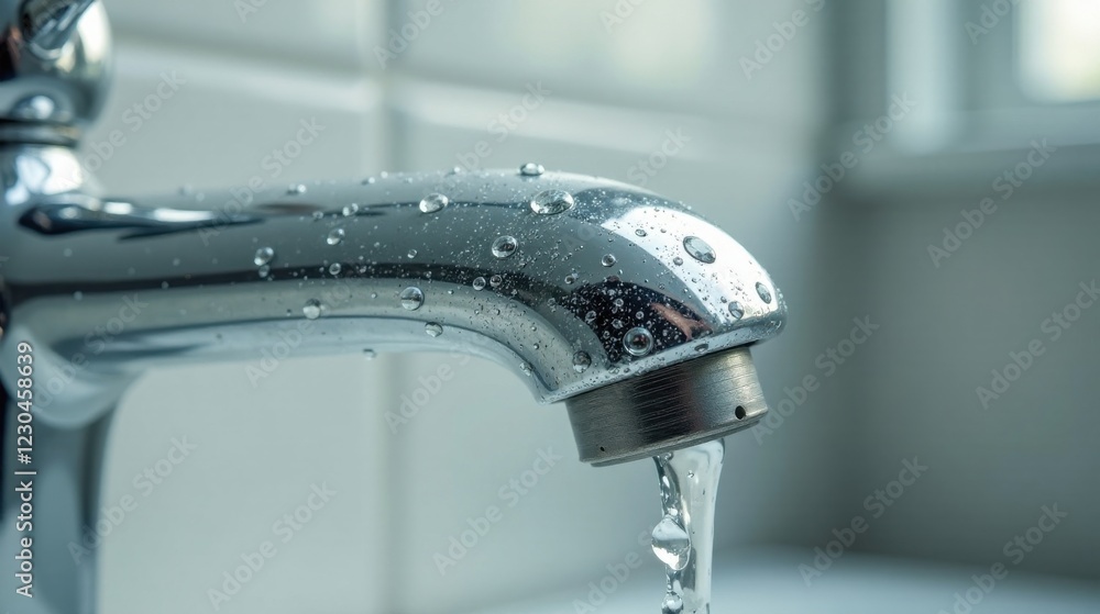 Close-up of a chrome faucet spout with water droplets and a steady stream of water flowing Close-up of a chrome faucet spout with water droplets and a steady stream of water flowing