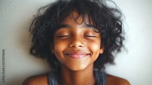 A young child with curly hair is smiling joyfully while resting against a light-colored wall at home. The relaxed expression shows genuine happiness and contentment photo