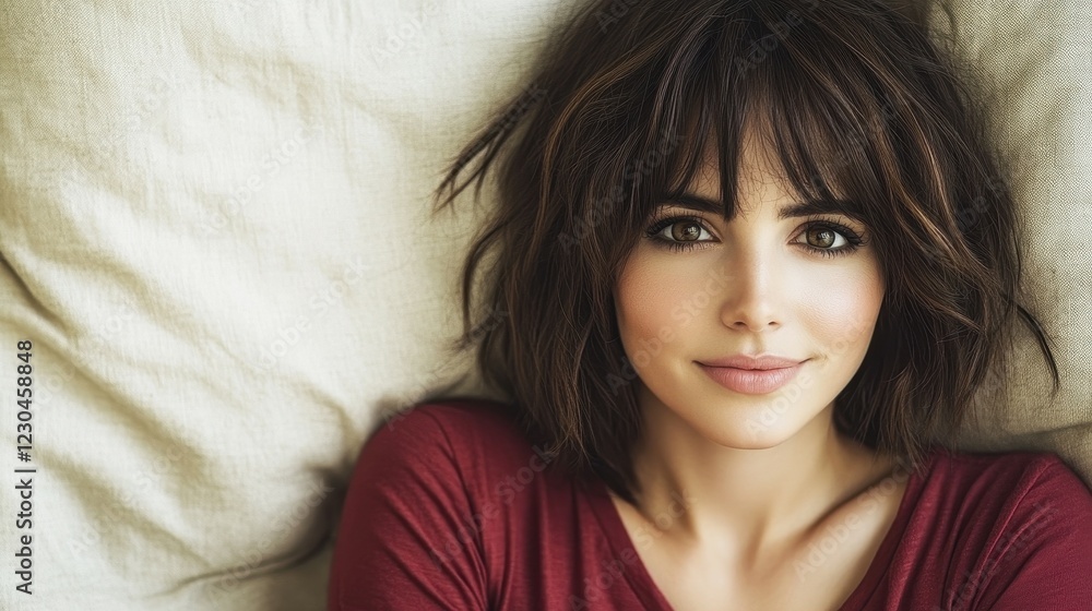 A young woman with tousled hair and a warm smile rests comfortably on a soft sofa. Sunlight softly illuminates her relaxed features, creating a calm atmosphere A young woman with tousled hair and a warm smile rests comfortably on a soft sofa. Sunlight softly illuminates her relaxed features, creating a calm atmosphere