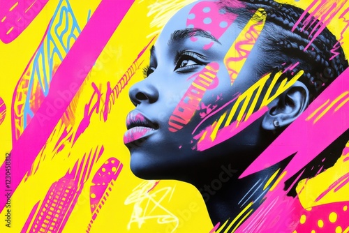 Dynamic mixed media portrait featuring a black-and-white face contrasted with vibrant neon brush strokes and graffiti patterns photo