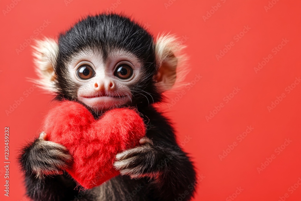 Commercial creative. Tamarin - my cherished animal. Cute tamarin baby with fluffy red heart - sign of love, funny greeting card. Digital ads visual idea. Romantic animals. Zoo couple photos. Commercial creative. Tamarin - my cherished animal. Cute tamarin baby with fluffy red heart - sign of love, funny greeting card. Digital ads visual idea. Romantic animals. Zoo couple photos.