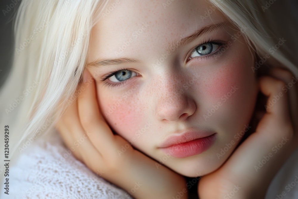 Albino girl posing with hands on cheeks: portrait of confidence and beauty Albino girl posing with hands on cheeks: portrait of confidence and beauty