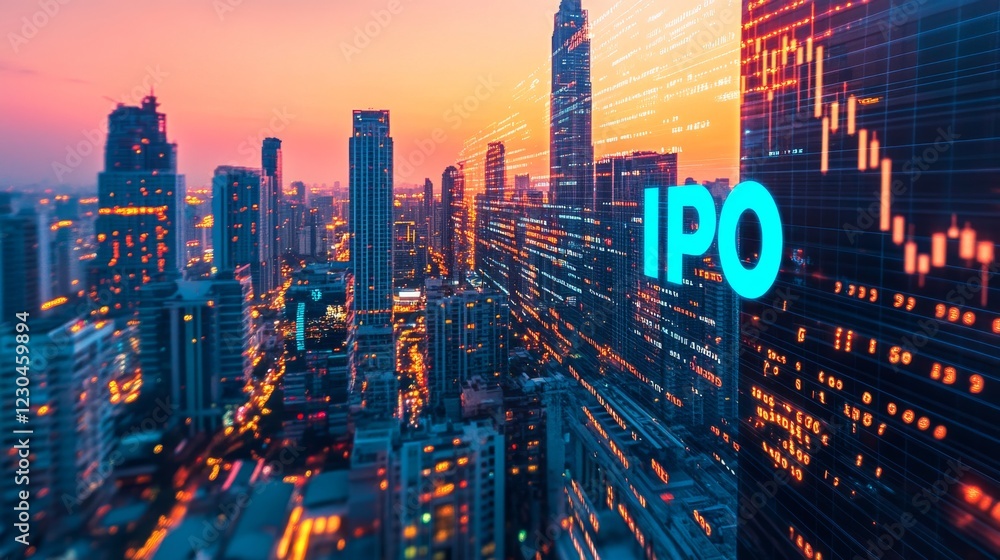 Fototapeta premium Hologram of IPO glowing icon, sunset panoramic city view of Bangkok. The financial hub for transnational companies in Asia. The concept of boosting the growth by IPO process. Double exposure.