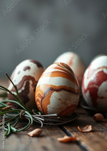 Modern marble brown and red easter eggs painted with organic onion on rustic table easter egg holiday illustration celebration easter photo