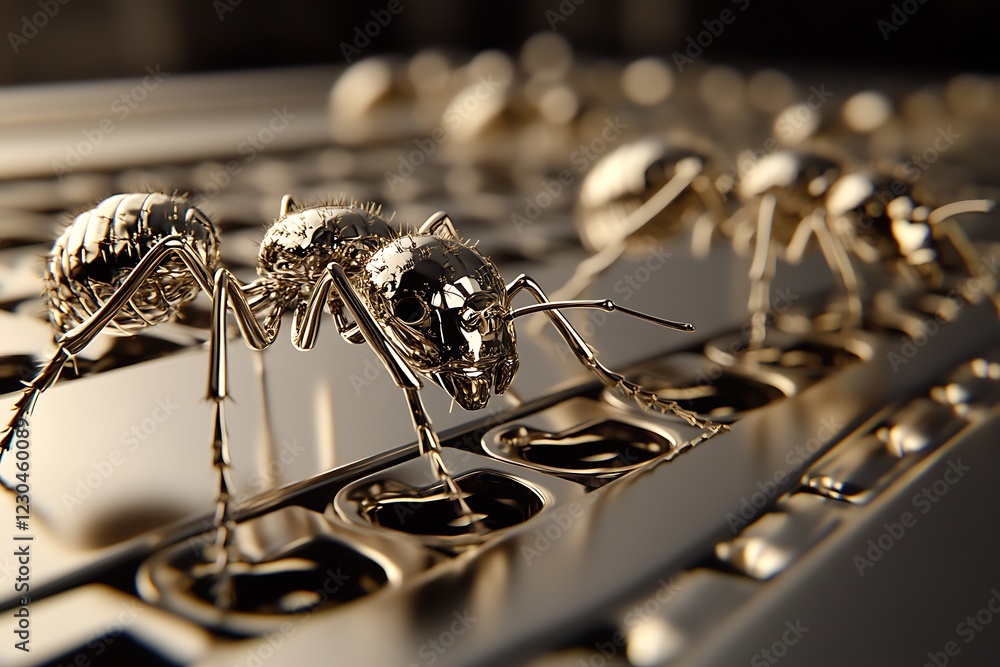 Metallic Ants on a Technological Surface: A Futuristic Macro Photography Metallic Ants on a Technological Surface: A Futuristic Macro Photography