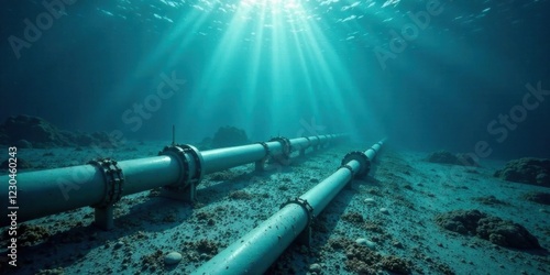 Submerged infrastructure an underwater pipeline system resting on the ocean floor, bathed in sunlight penetrating the water's surface