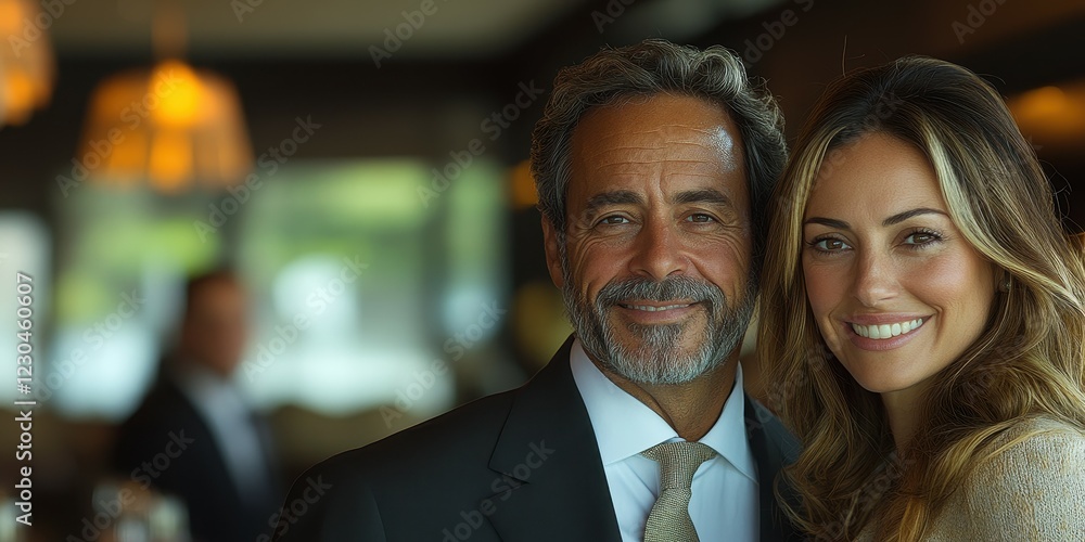 A couple is smiling and posing together in a chic restaurant with dim lighting. The atmosphere is warm and inviting, perfect for a romantic dinner A couple is smiling and posing together in a chic restaurant with dim lighting. The atmosphere is warm and inviting, perfect for a romantic dinner