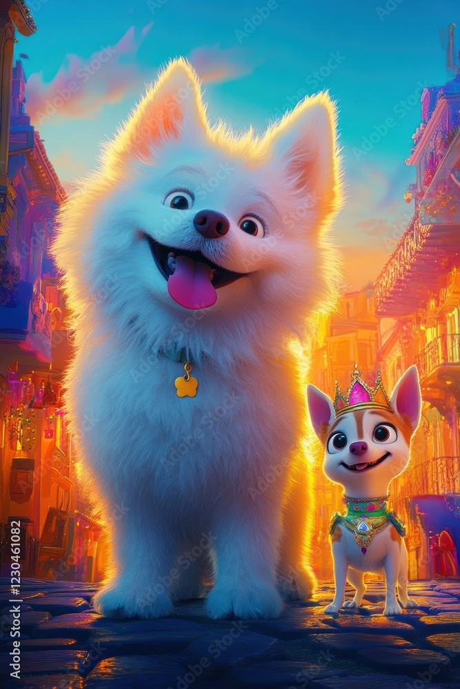 Obraz premium Happy dogs sunset city street scene animation movie poster