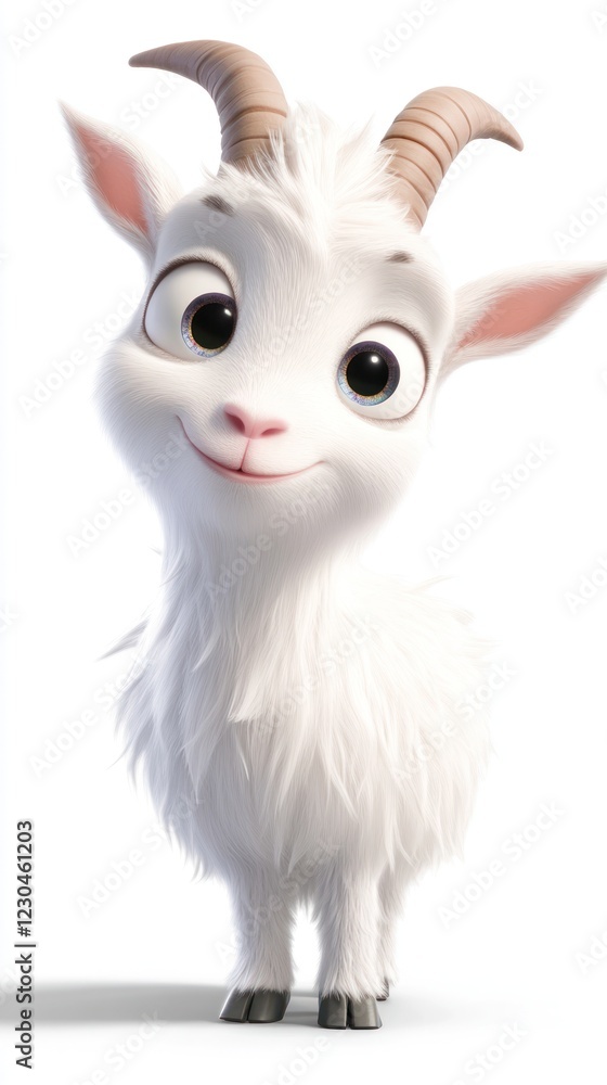 Obraz premium Cute baby goat, farm animal, white fur, cartoon, children's book illustration