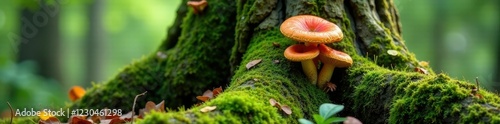 Ivy covered tree trunk with Clitopilus prunulus mushrooms growing in moss and lichen, mushroom growth, nature, tree roots photo