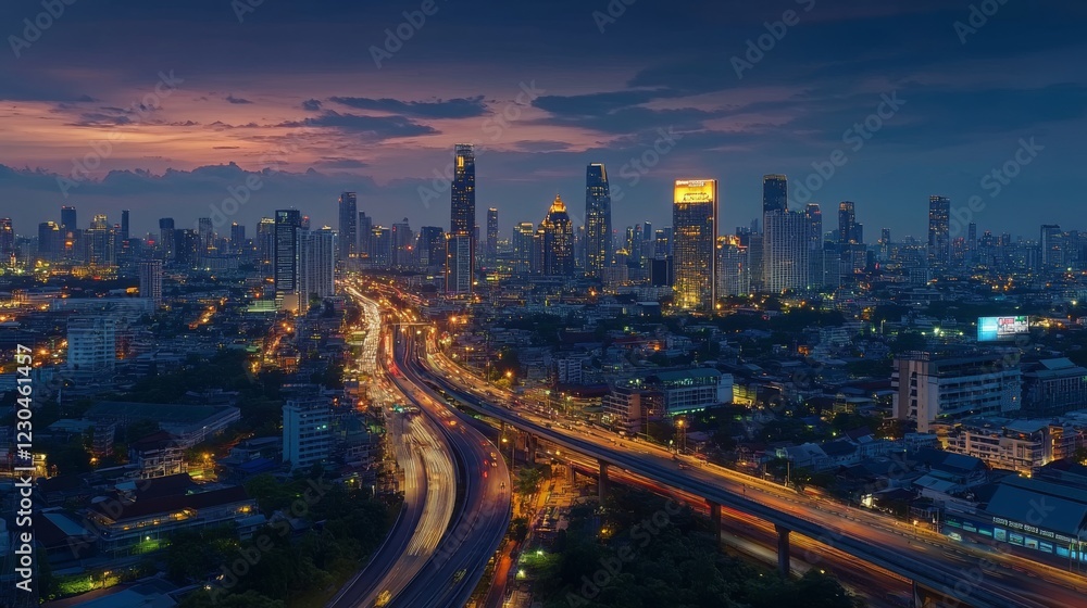 Fototapeta premium Blank white road billboard with Bangkok cityscape background at night time. Street advertising poster, mock up, 3D rendering. Front view. The concept of marketing communication to promote idea.