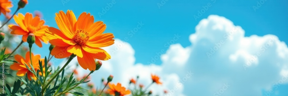 Large bright orange marigold against a blue sky, cloud, branches, flowers Large bright orange marigold against a blue sky, cloud, branches, flowers